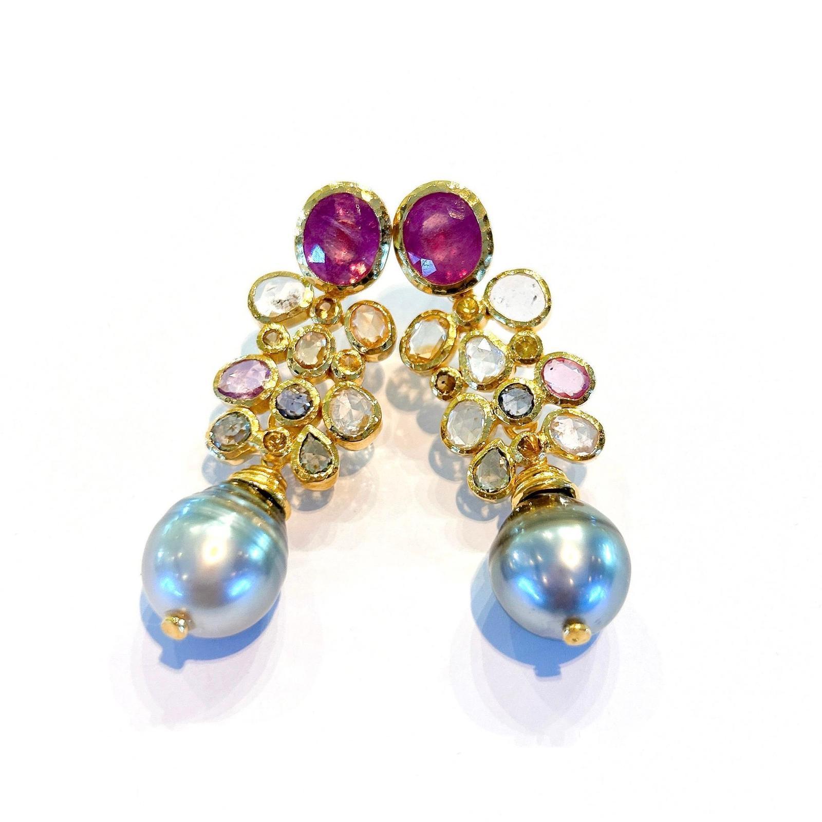 Baroque Bochic “Orient” Ruby, Rose Sapphires & Pearl Earrings Set In 18K Gold & Silver  For Sale