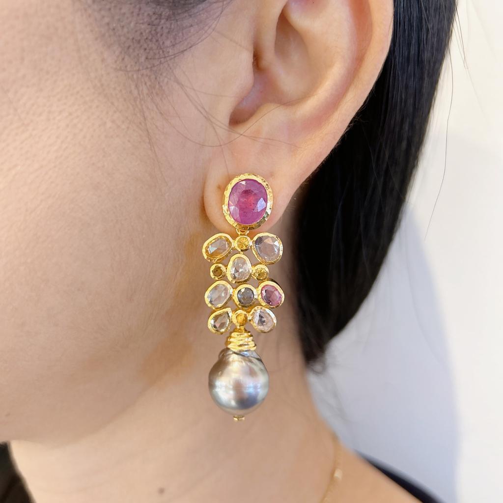 Rose Cut Bochic “Orient” Ruby, Rose Sapphires & Pearl Earrings Set In 18K Gold & Silver  For Sale