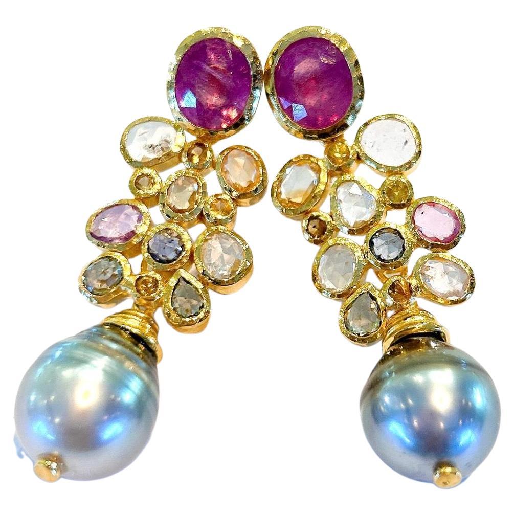 Bochic “Orient” Ruby, Rose Sapphires & Pearl Earrings Set In 18K Gold & Silver  For Sale