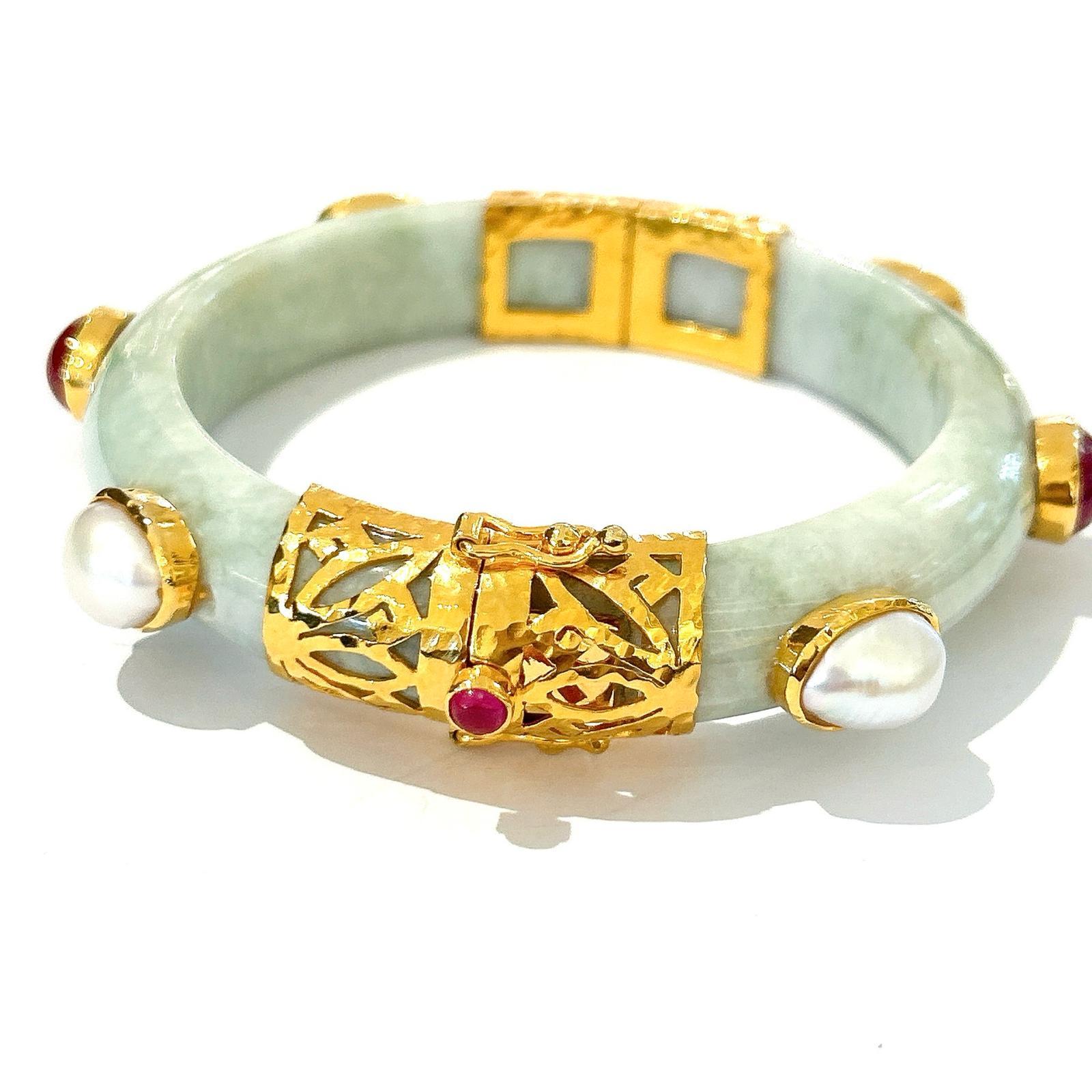 Retro Bochic “Orient” Ruby, Sapphire & Pearl Vintage Jade Bangle Set 18K Gold&Silver  For Sale