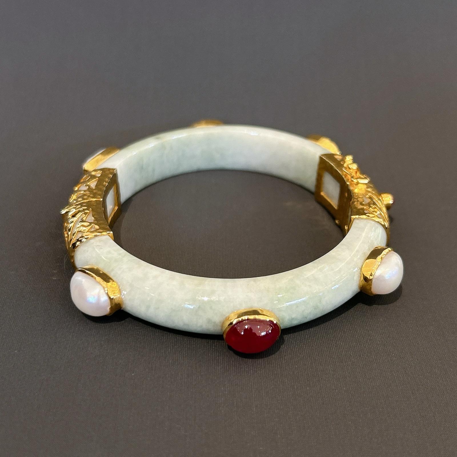 Cabochon Bochic “Orient” Ruby, Sapphire & Pearl Vintage Jade Bangle Set 18K Gold&Silver  For Sale