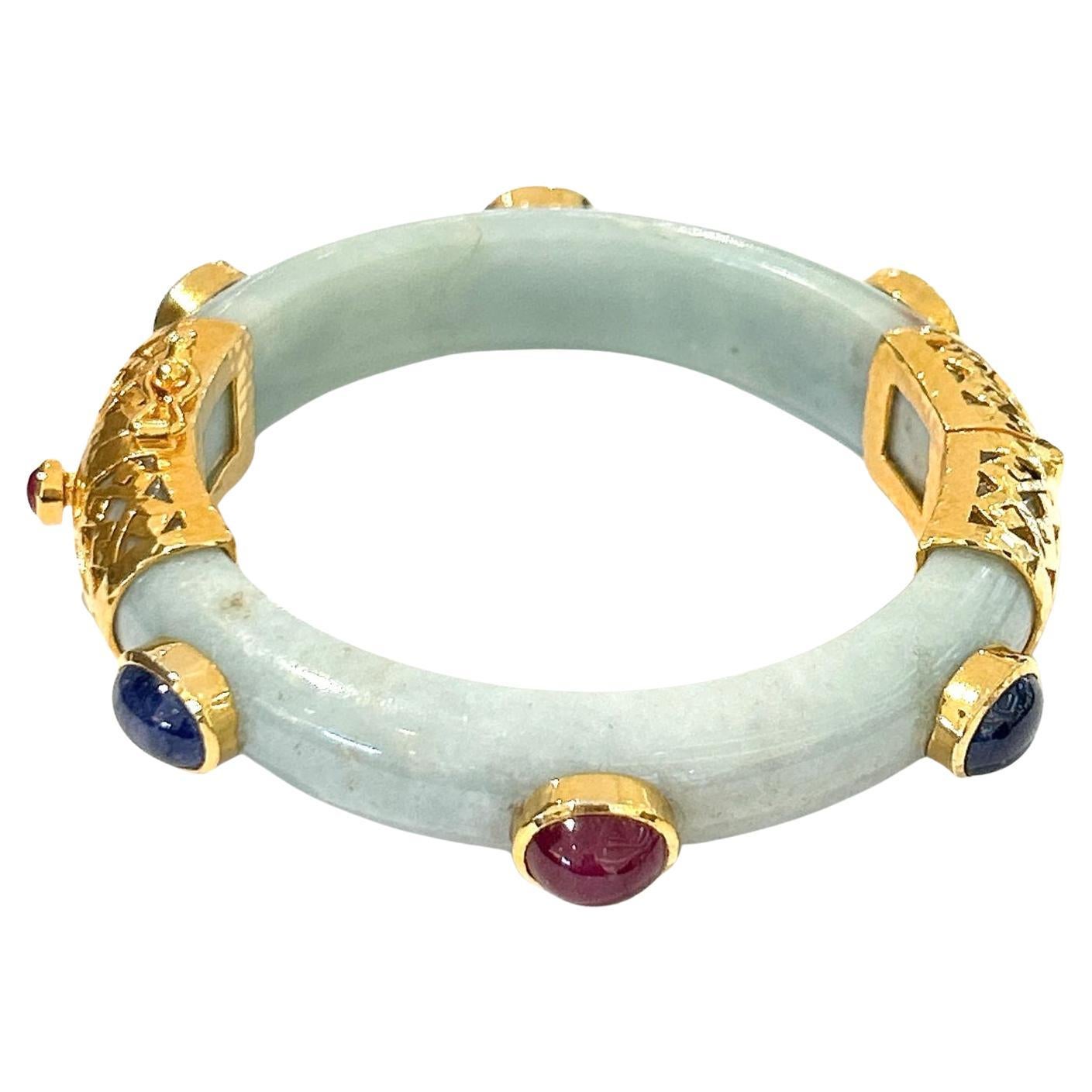 Bochic “Orient” Ruby, Sapphire & Pearl Vintage Jade Bangle Set 18K Gold&Silver  For Sale