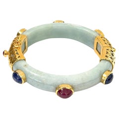 Bochic “Orient” Ruby, Sapphire & Pearl Vintage Jade Bangle Set 18K Gold&Silver 