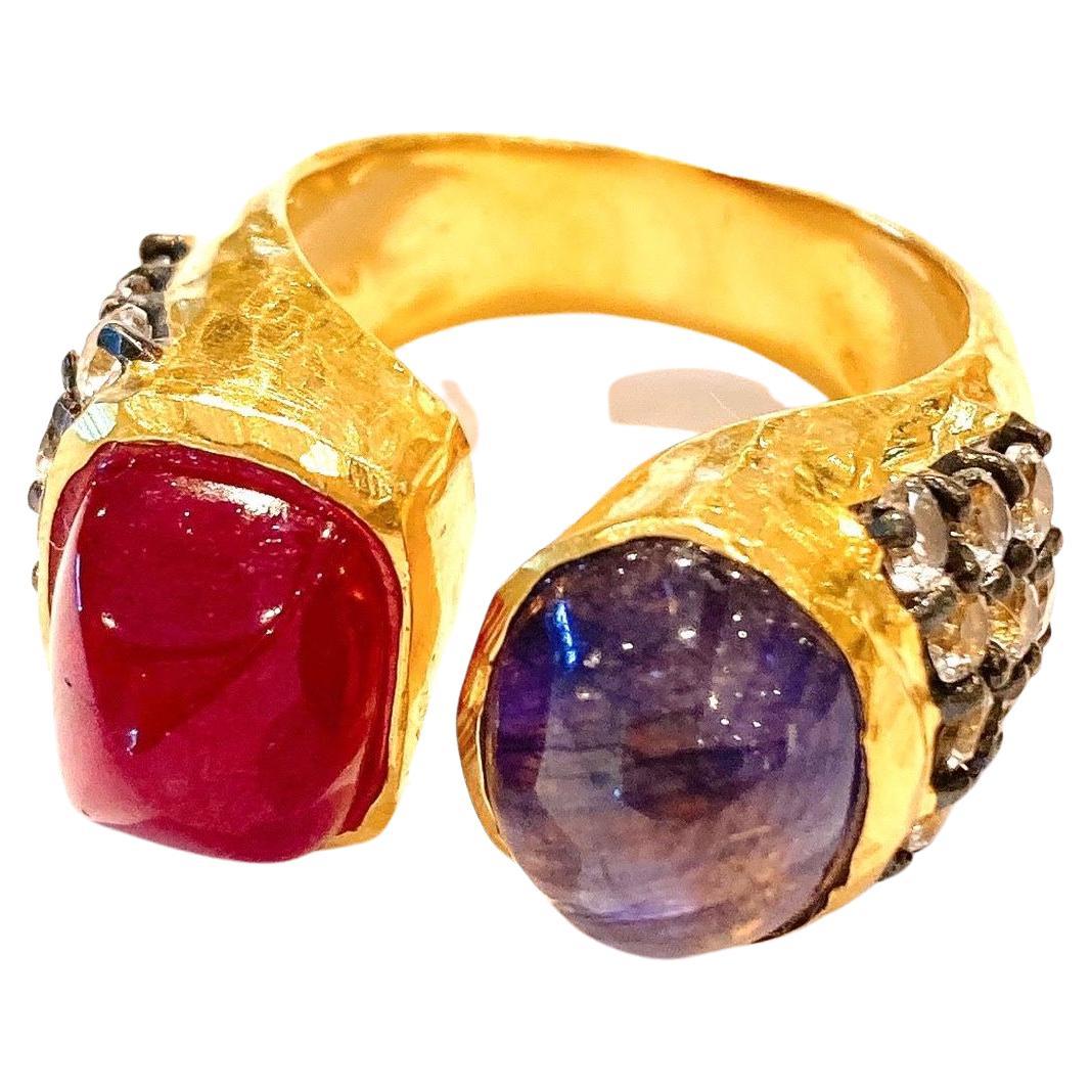 Baroque Bochic “Orient” Ruby & Sapphire Ring Set in 22k Gold & Silver