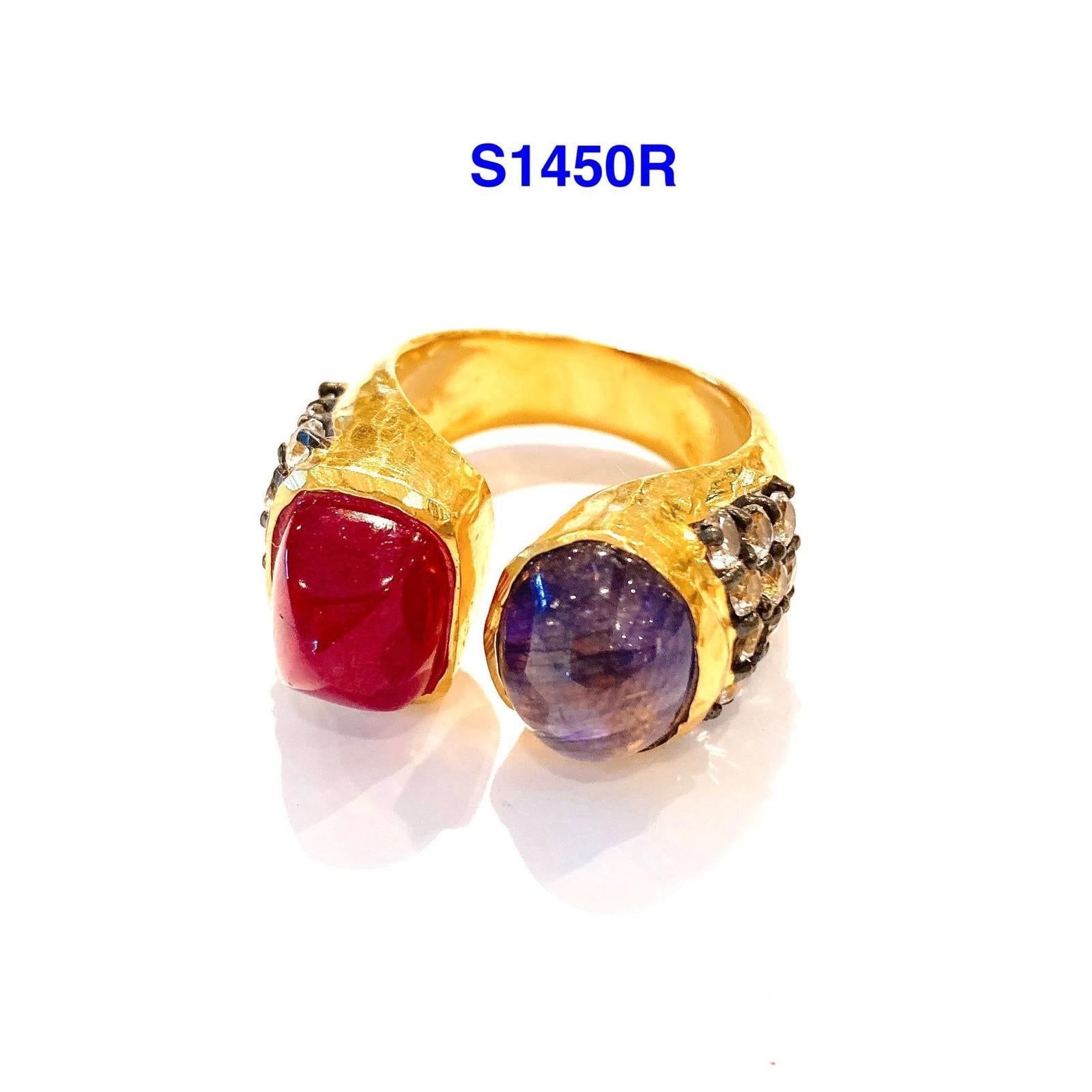 Brilliant Cut Bochic “Orient” Ruby & Sapphire Ring Set in 22k Gold & Silver