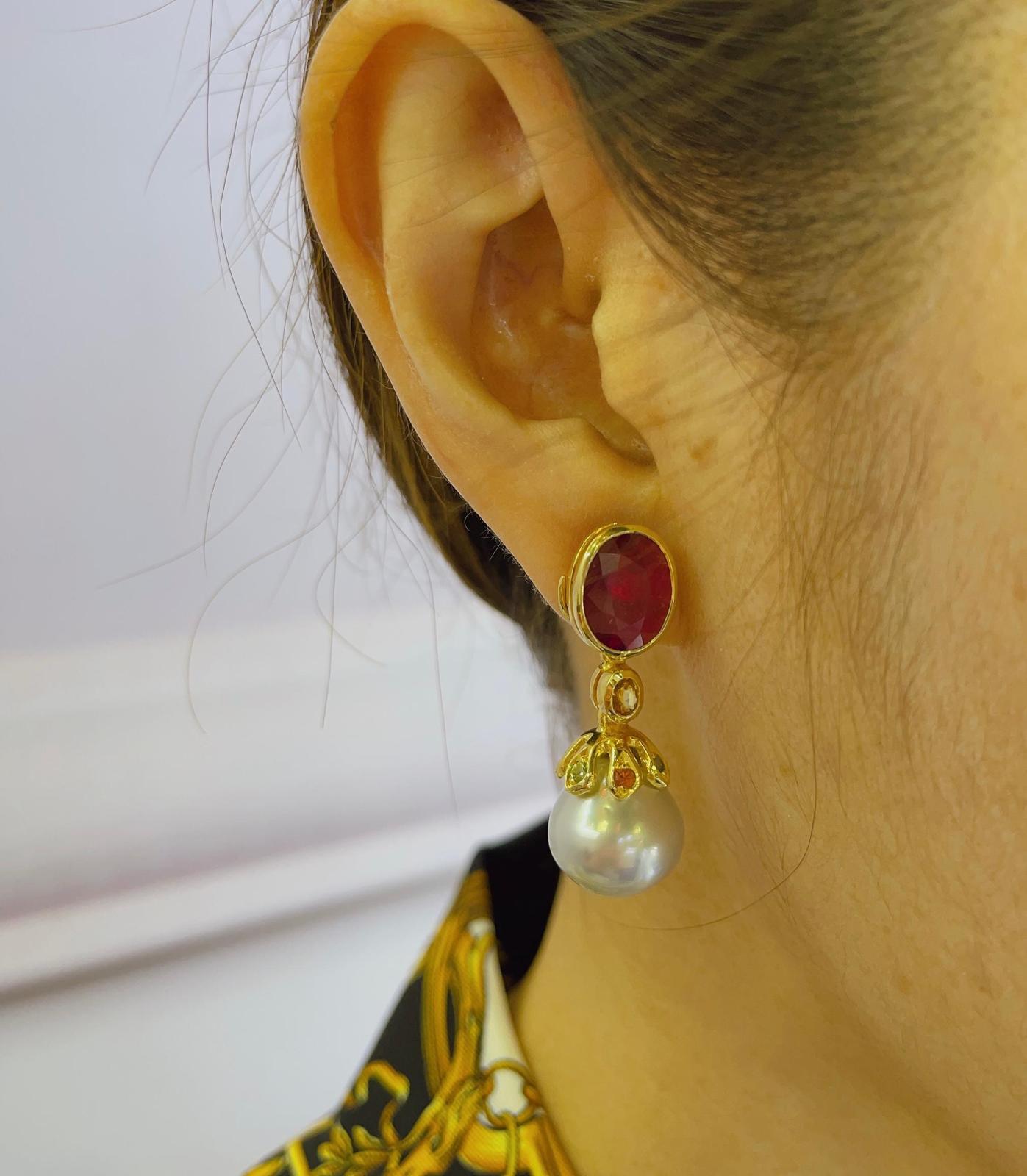Baroque Bochic “Orient” Ruby, Sapphire & South Sea Earrings Set In 18K Gold & Silver  For Sale