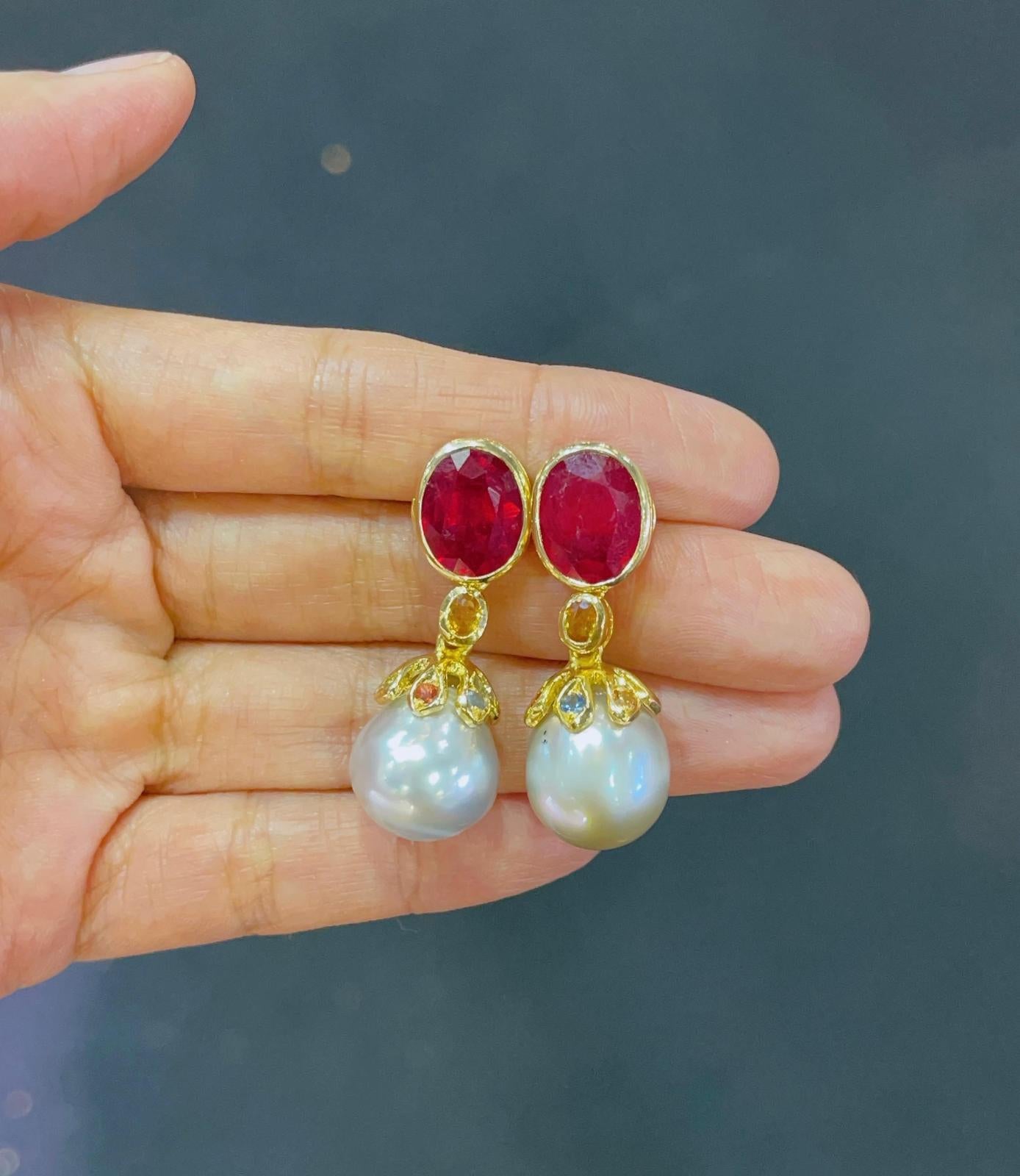 Oval Cut Bochic “Orient” Ruby, Sapphire & South Sea Earrings Set In 18K Gold & Silver  For Sale