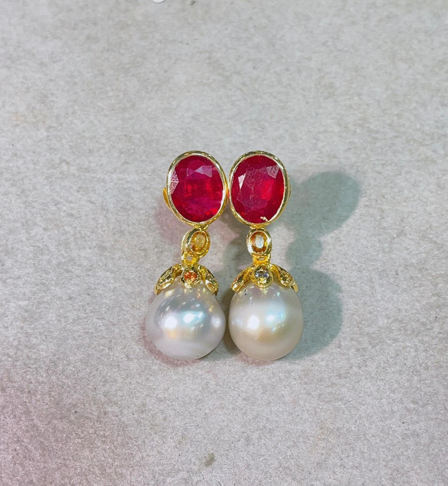 Bochic “Orient” Ruby, Sapphire & South Sea Earrings Set In 18K Gold & Silver  For Sale 1