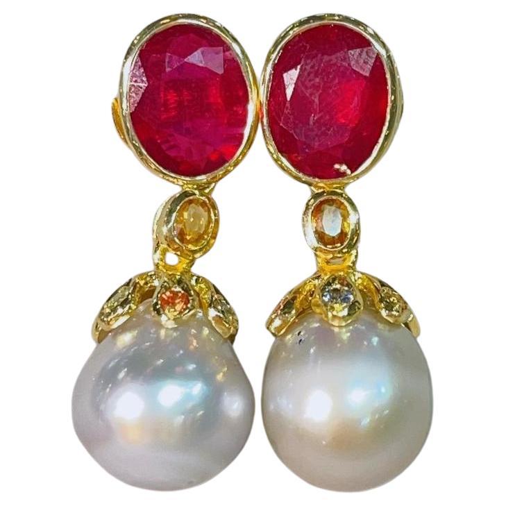 Bochic “Orient” Ruby, Sapphire & South Sea Earrings Set In 18K Gold & Silver  For Sale
