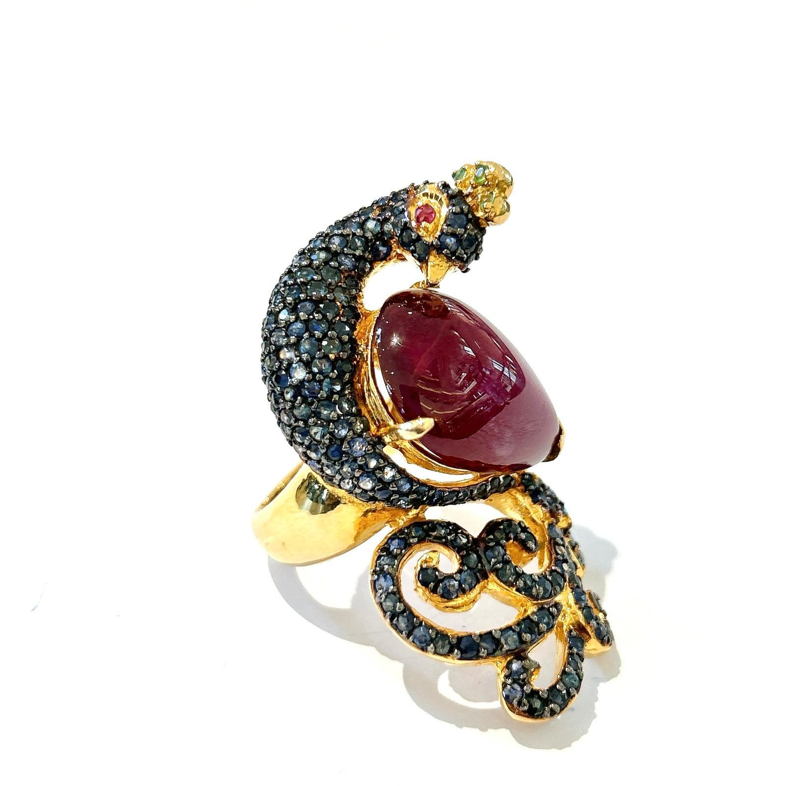 Bochic “Orient” Ruby & Sapphire Swan Cocktail Ring Set 18K & Silver  For Sale 4