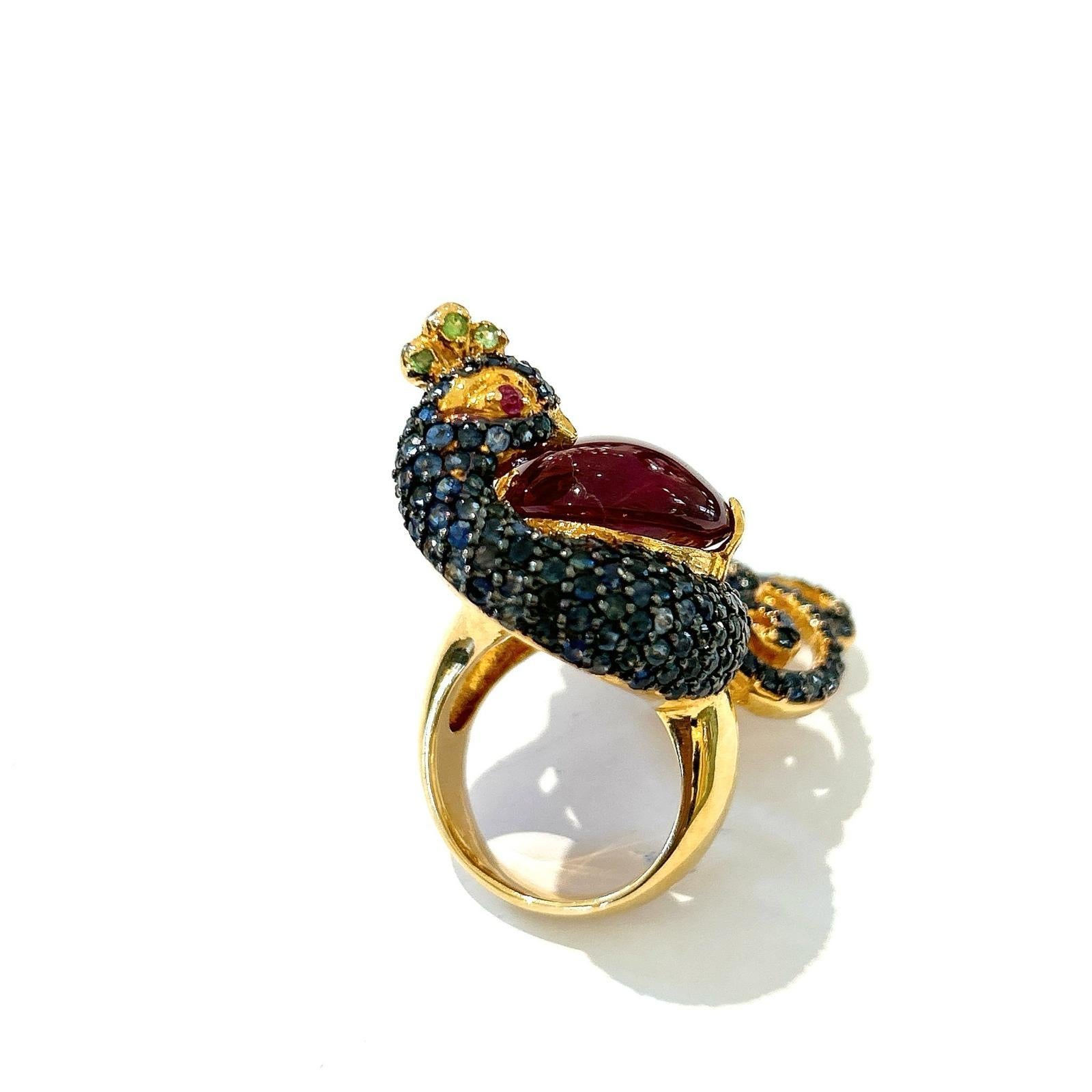 Bochic “Orient” Ruby & Sapphire Swan Cocktail Ring Set 18K & Silver  For Sale 5