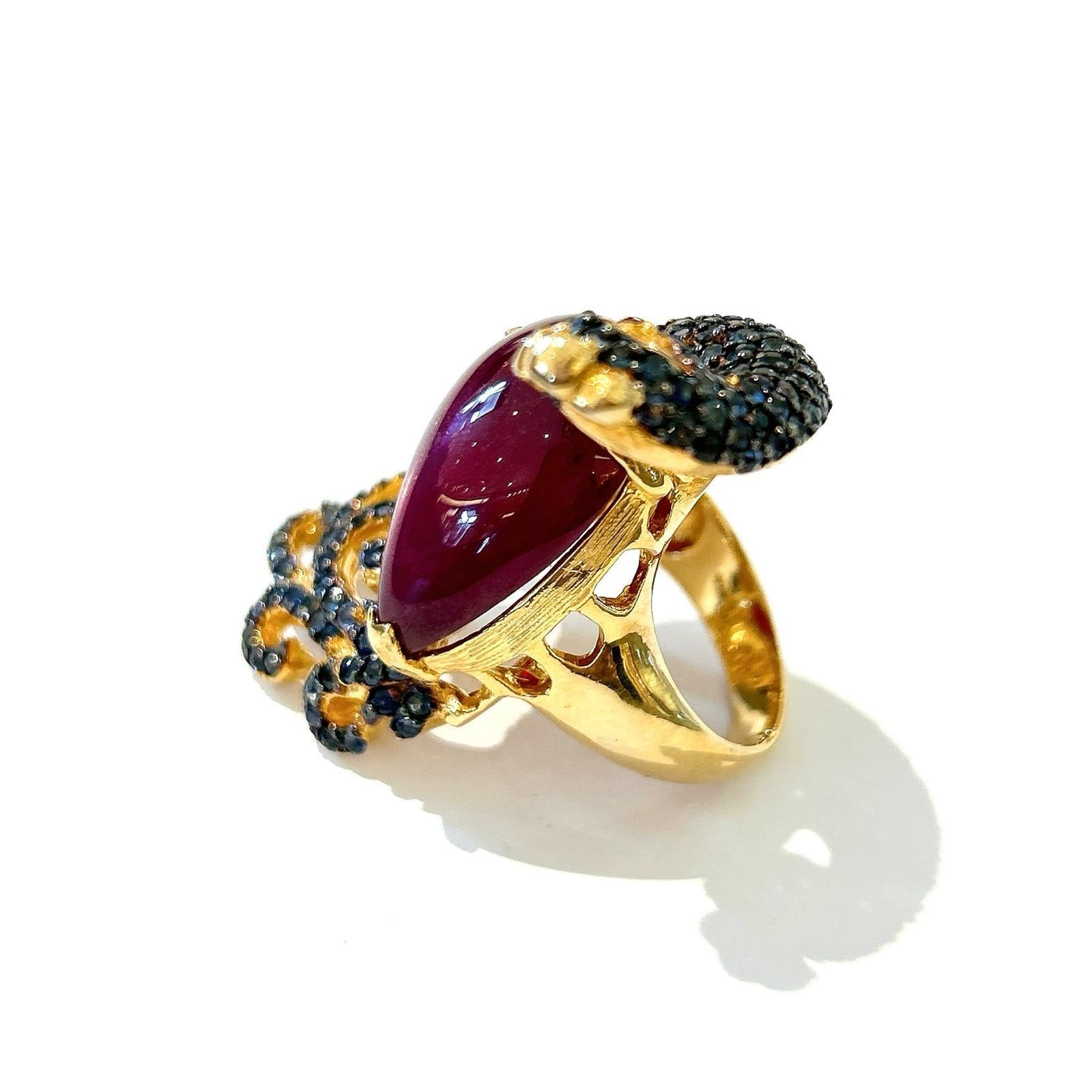 Anglo-Indian Bochic “Orient” Ruby & Sapphire Swan Cocktail Ring Set 18K & Silver  For Sale