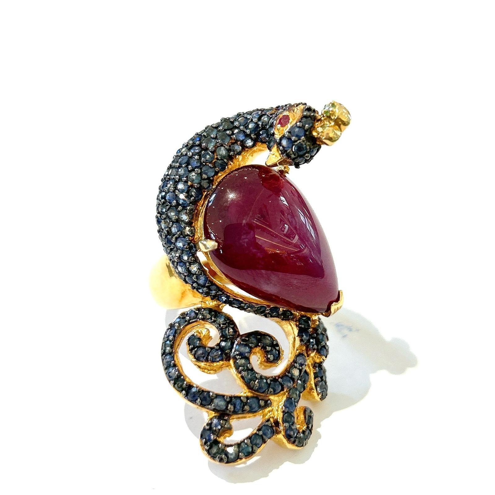 Brilliant Cut Bochic “Orient” Ruby & Sapphire Swan Cocktail Ring Set 18K & Silver  For Sale