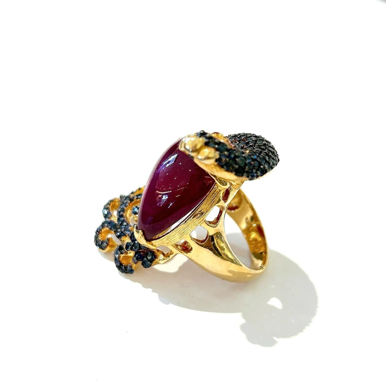 Women's or Men's Bochic “Orient” Ruby & Sapphire Swan Cocktail Ring Set 18K & Silver  For Sale