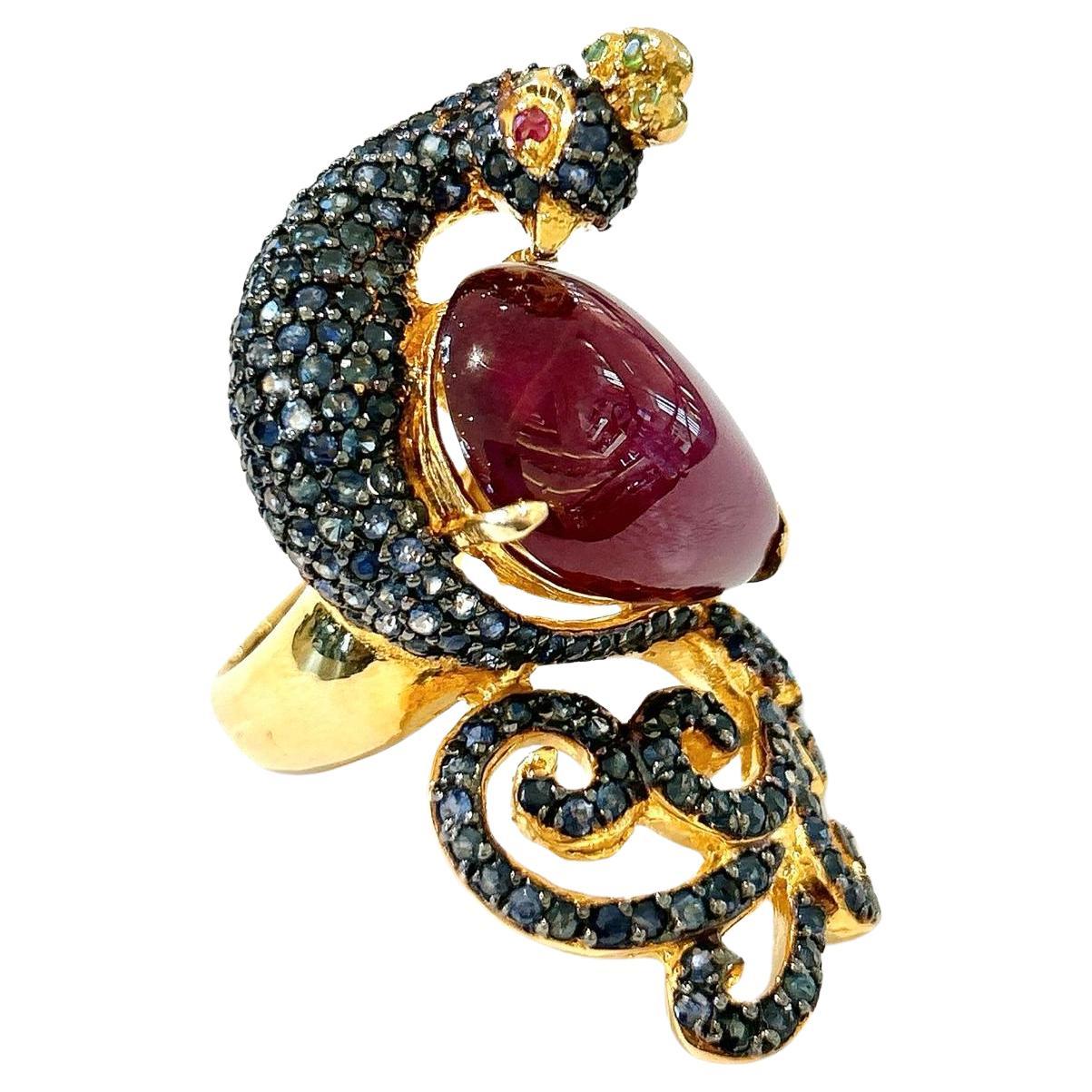 Bochic “Orient” Ruby & Sapphire Swan Cocktail Ring Set 18K & Silver  For Sale
