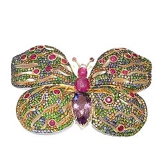 Bochic “Orient” Vintage Ruby, Sapphires & Amethyst Brooch - 18K Gold & Silver