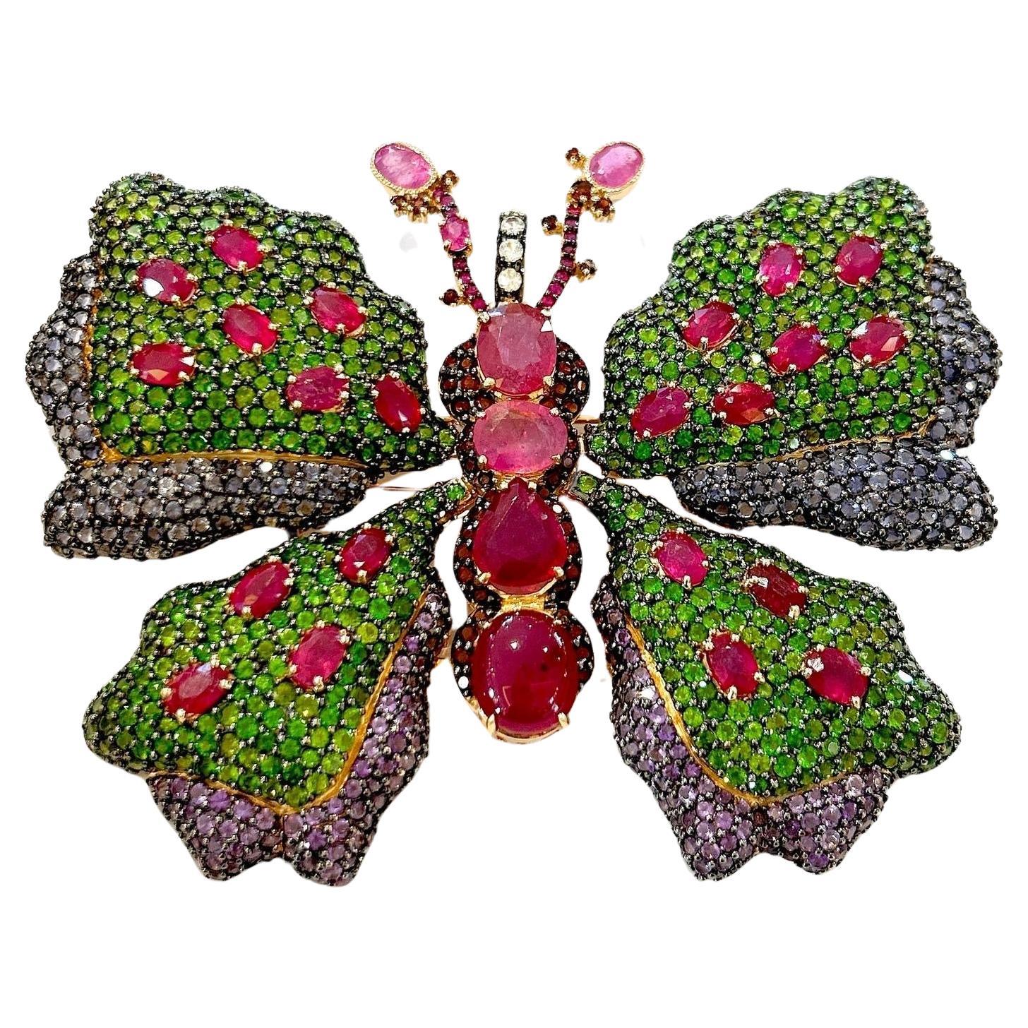 Bochic “Orient” Ruby, Sapphires & Amethyst Brooch Set In 18K Gold & Silver