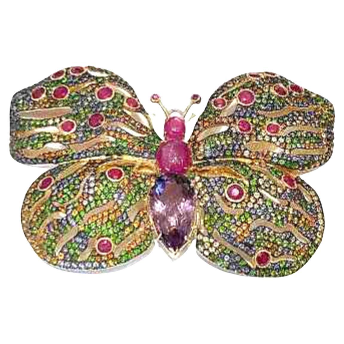 Bochic “Orient” Ruby, Sapphires & Amethyst Brooch Set In 18K Gold & Silver
