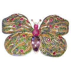 Bochic “Orient” Ruby, Sapphires & Amethyst Brooch Set In 18K Gold & Silver