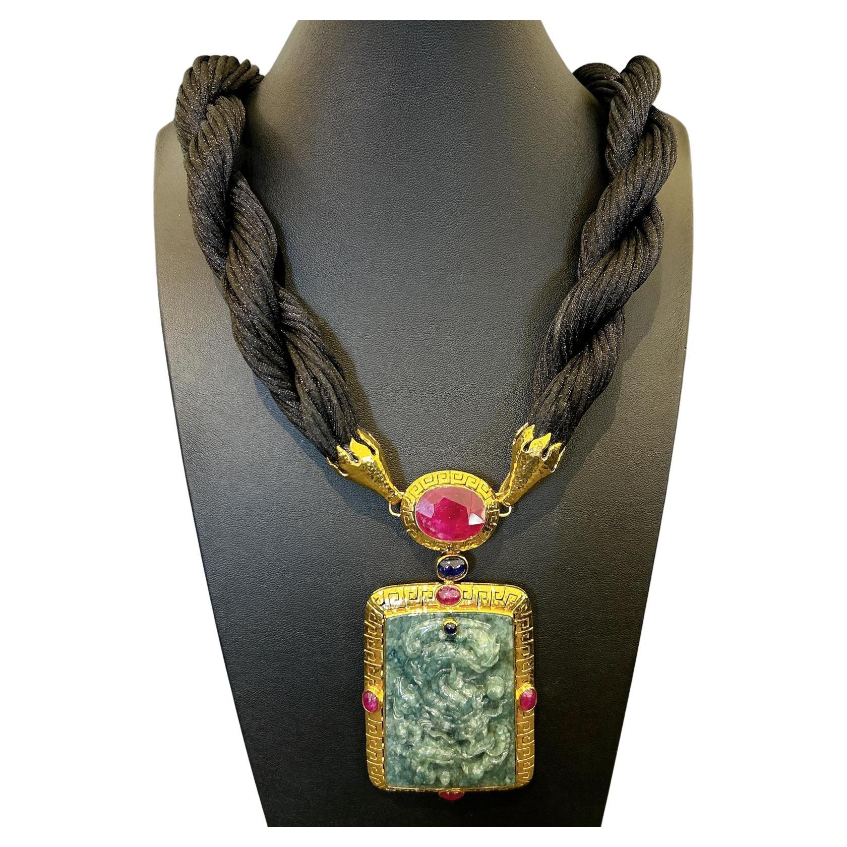 Bochic "Oriente  Rubino, zaffiri e giada d'epoca menta Set da collo in oro 18 K e argento in vendita