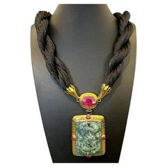 Bochic “Orient”  Ruby, Sapphires & Mint Vintage Jade Neck Set 18 K Gold & Silver