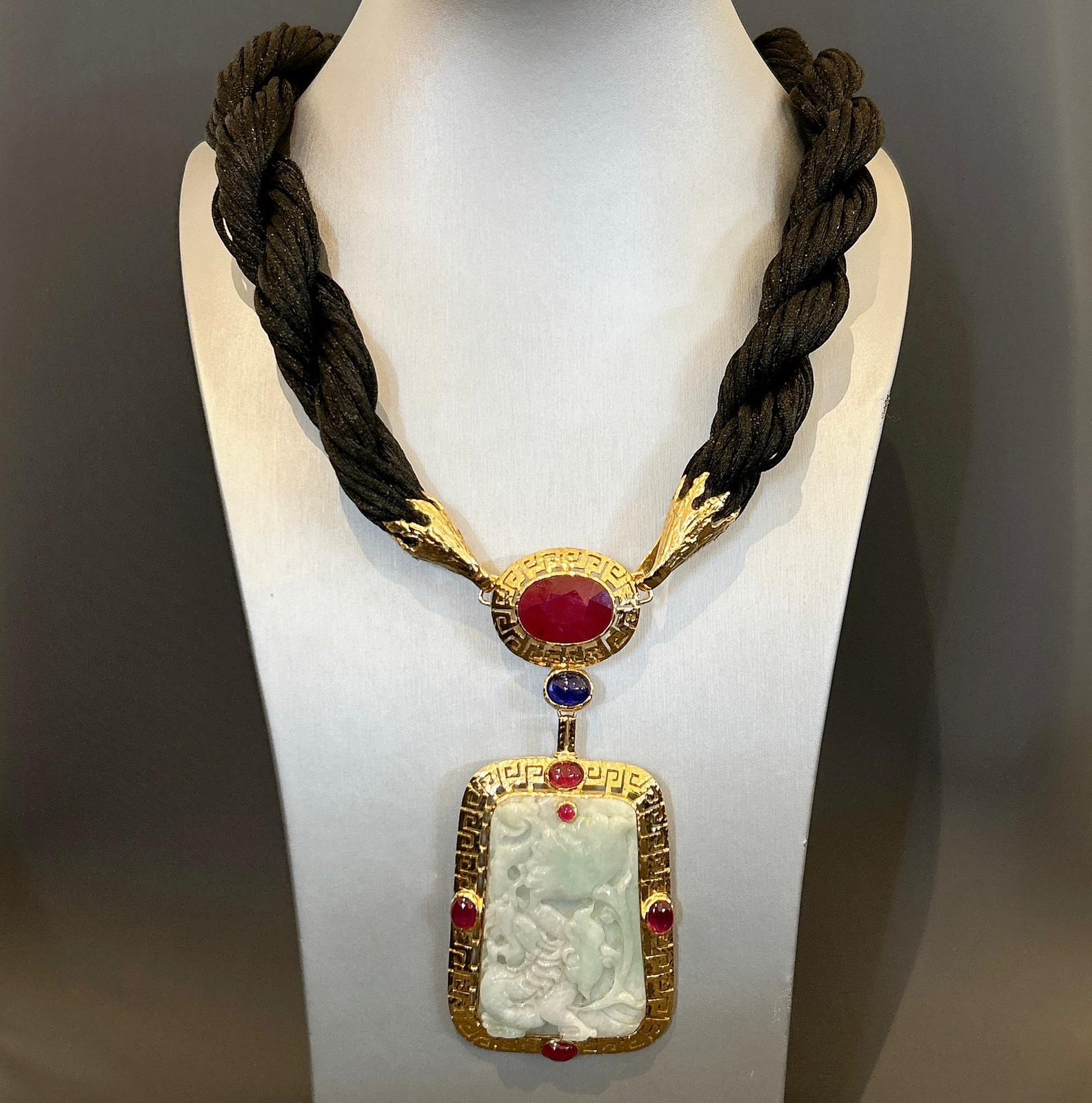 Baroque Bochic “Orient”  Ruby, Sapphires & Mint Vintage Jade Neck Set 18K Gold & Silver For Sale