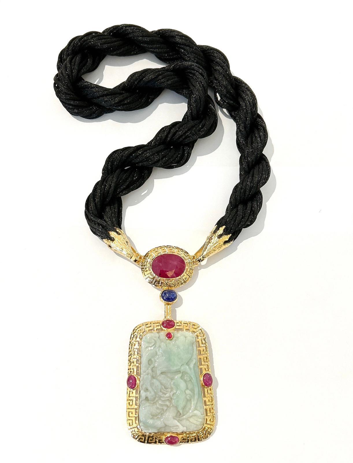 Oval Cut Bochic “Orient”  Ruby, Sapphires & Mint Vintage Jade Neck Set 18K Gold & Silver For Sale