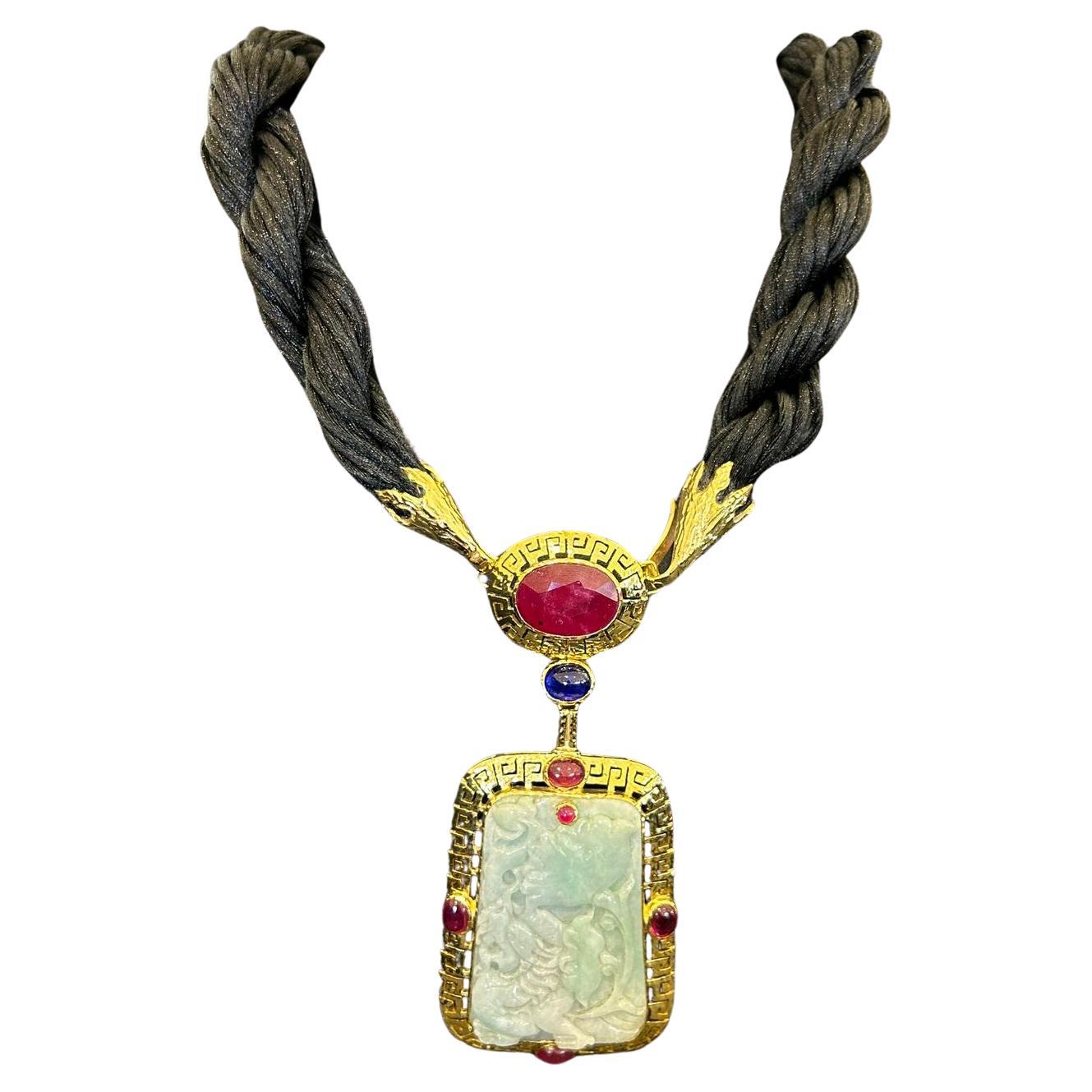 Bochic “Orient”  Ruby, Sapphires & Mint Vintage Jade Neck Set 18K Gold & Silver For Sale