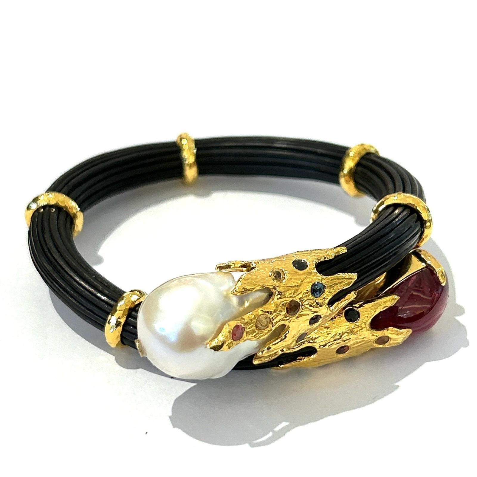 Baroque Bochic “Orient”  Ruby, Sapphires & Pearl Bangle Set In 18 K Gold & Silver  For Sale