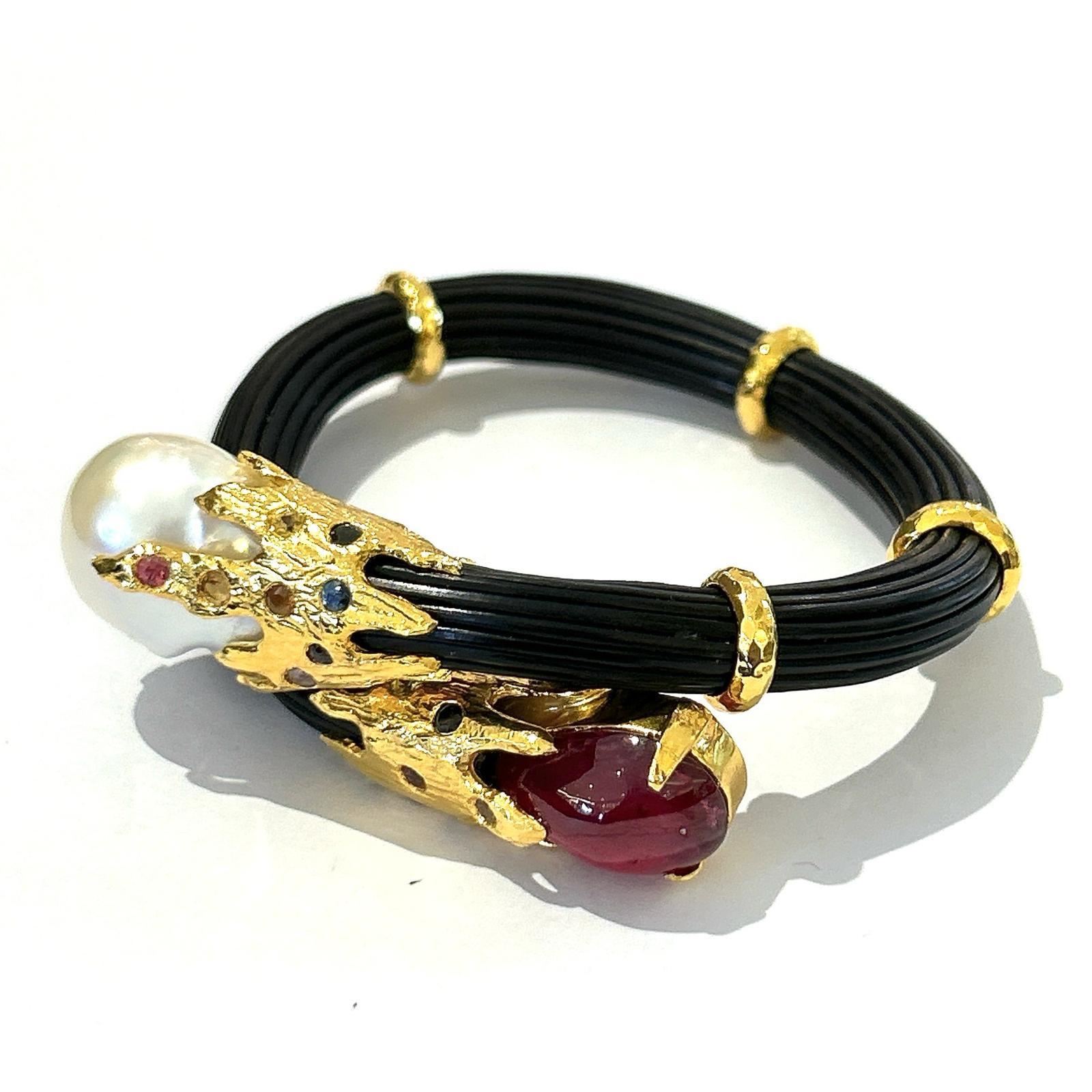 Cabochon Bochic “Orient”  Ruby, Sapphires & Pearl Bangle Set In 18 K Gold & Silver  For Sale