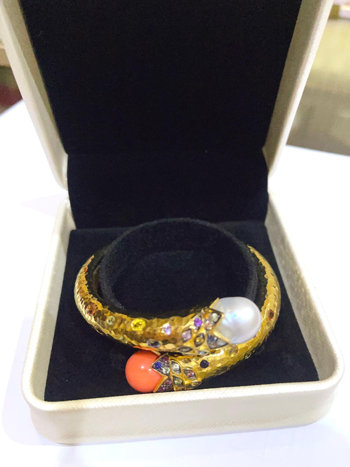 Bochic “Orient”  Ruby, Sapphires & Pearl Bangle Set In 18 K Gold & Silver  In New Condition For Sale In New York, NY