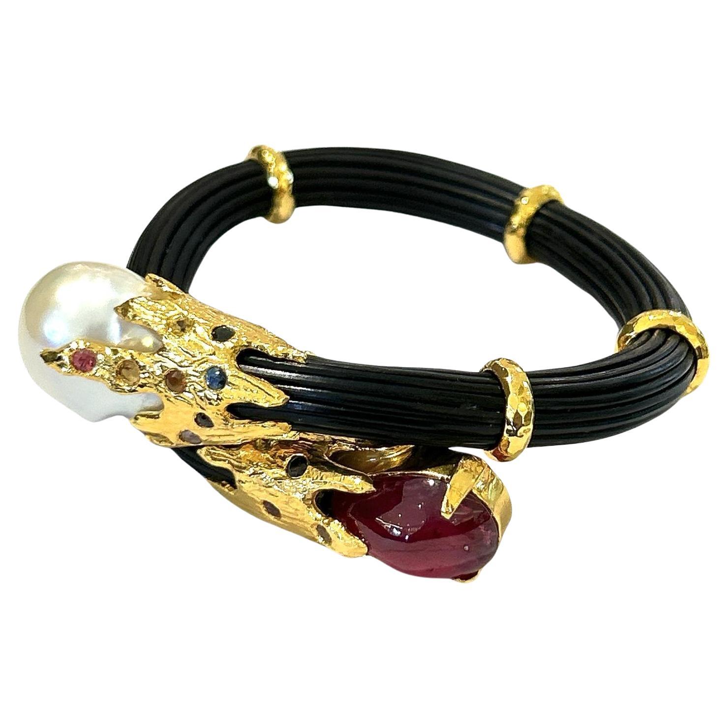 Bochic “Orient”  Ruby, Sapphires & Pearl Bangle Set In 18 K Gold & Silver  For Sale