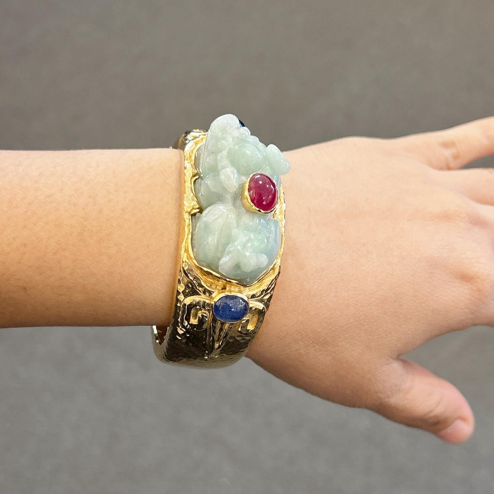 Bochic “Orient” Ruby, Sapphires & Vintage Jade Cuff Set In 18 K Gold & Silver  For Sale 4