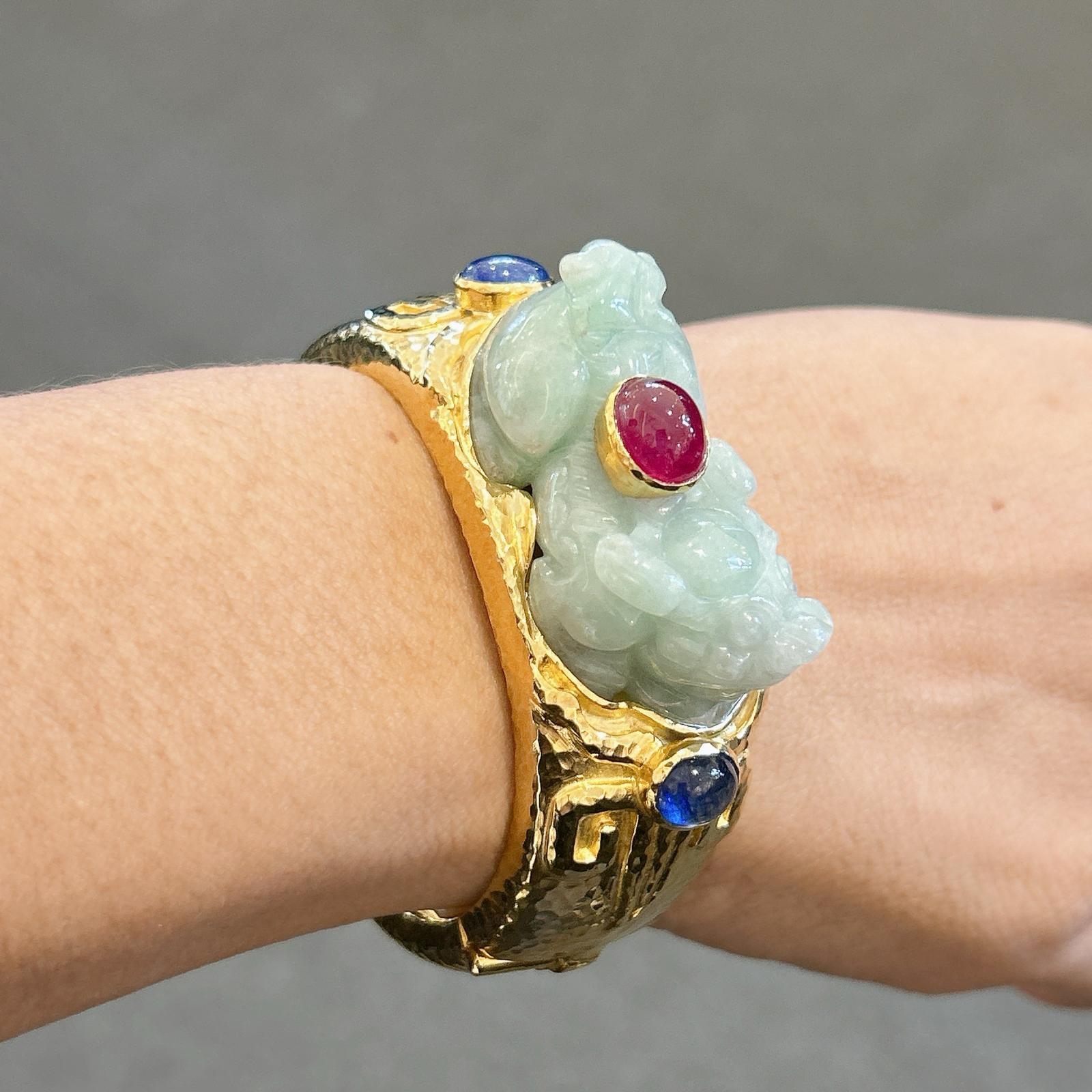 Bochic “Orient” Ruby, Sapphires & Vintage Jade Cuff Set In 18 K Gold & Silver  For Sale 5