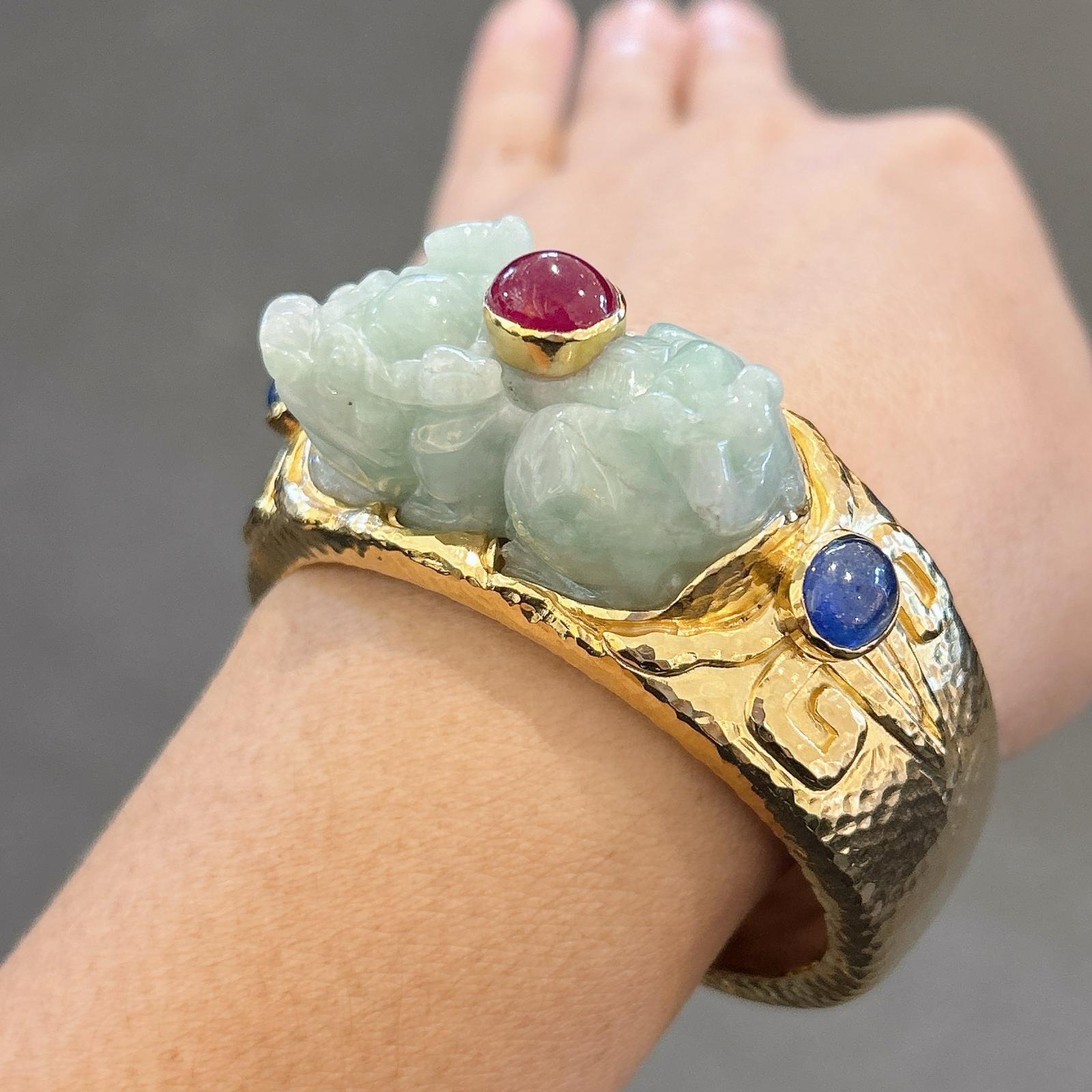 Bochic “Orient” Ruby, Sapphires & Vintage Jade Cuff Set In 18 K Gold & Silver  For Sale 6