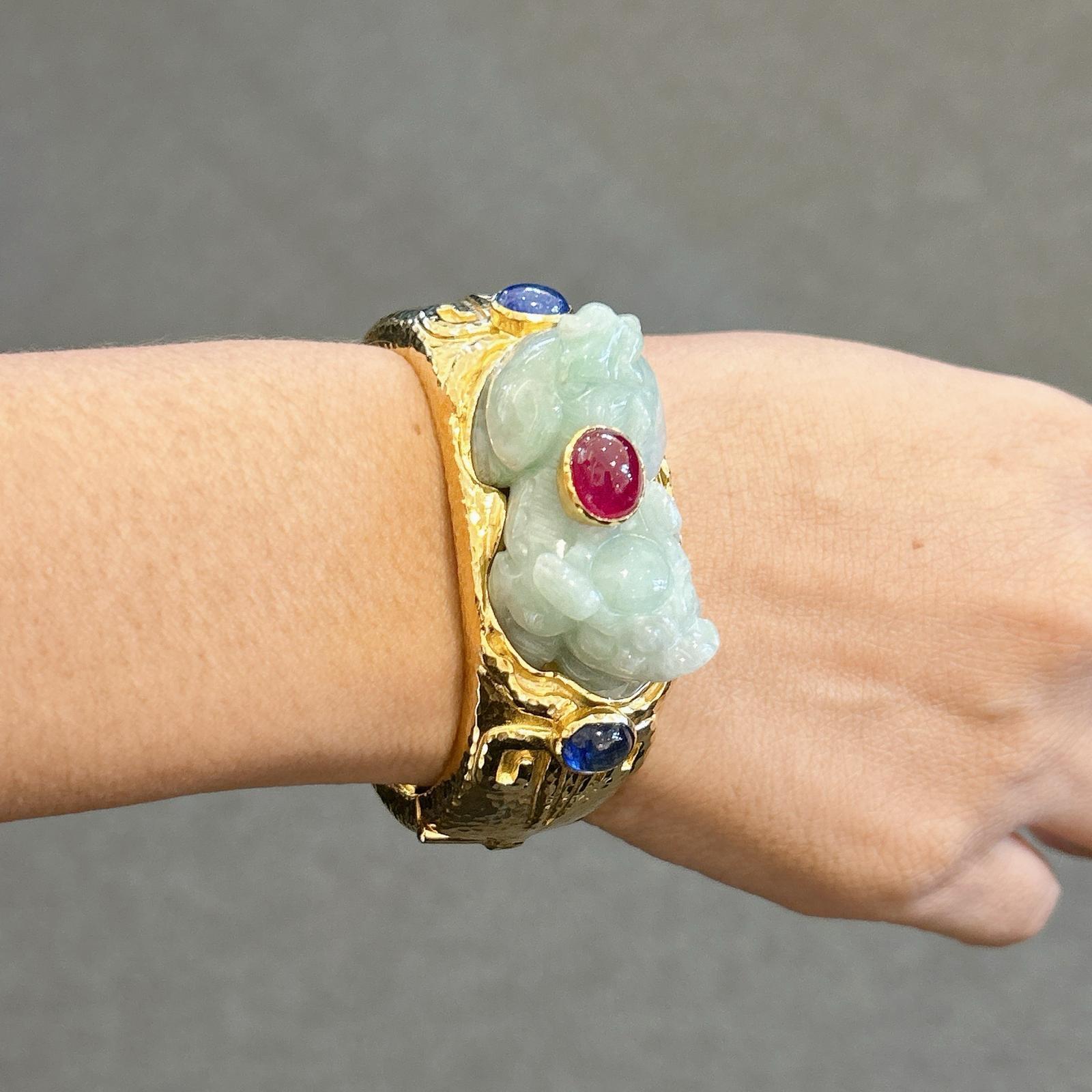 Bochic “Orient” Ruby, Sapphires & Vintage Jade Cuff Set In 18 K Gold & Silver  For Sale 7