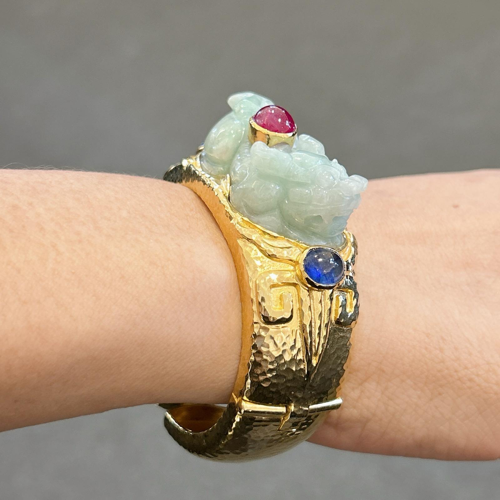 Bochic “Orient” Ruby, Sapphires & Vintage Jade Cuff Set In 18 K Gold & Silver  For Sale 9