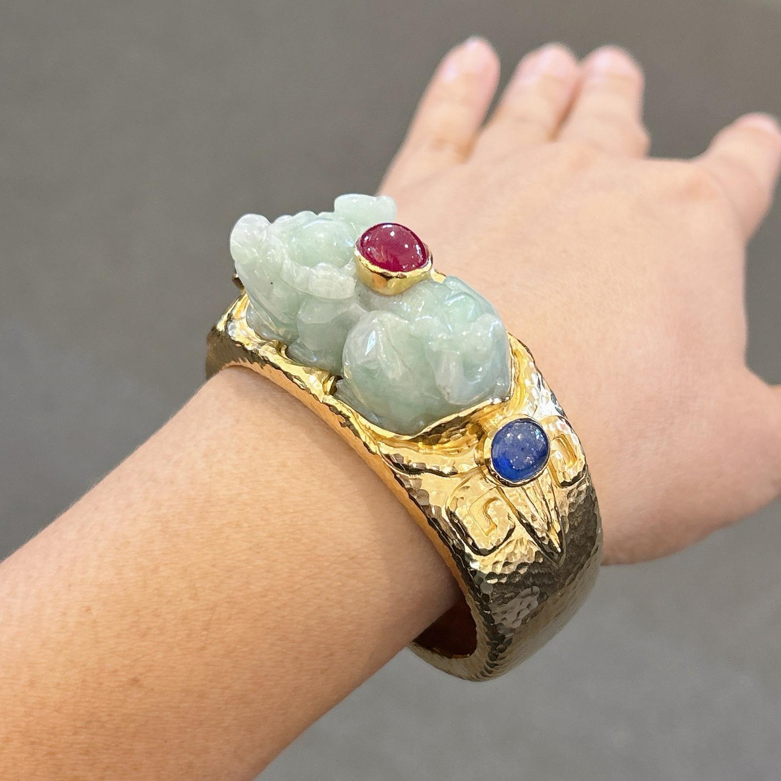 Bochic “Orient” Ruby, Sapphires & Vintage Jade Cuff Set In 18 K Gold & Silver  For Sale 11