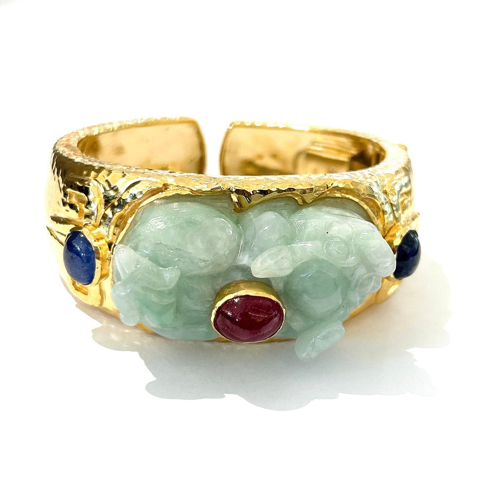 Baroque Bochic “Orient” Ruby, Sapphires & Vintage Jade Cuff Set In 18 K Gold & Silver  For Sale