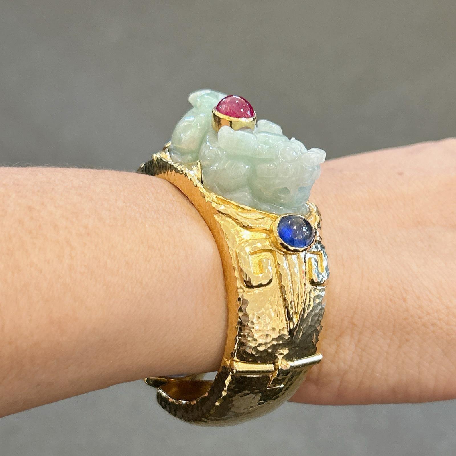 Bochic “Orient” Ruby, Sapphires & Vintage Jade Cuff Set In 18 K Gold & Silver  For Sale 3