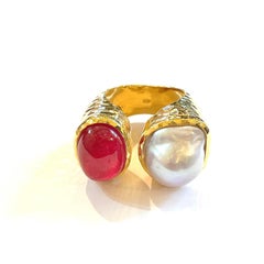 Bochic “Orient” Ruby & South Sea Pearl 2 Gem Ring Set 18K & Silver