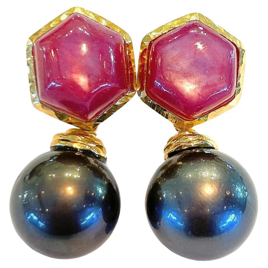 Bochic “Orient” Ruby & South Sea Pearl Drop Earrings Set In 18 Gold & Silver  For Sale