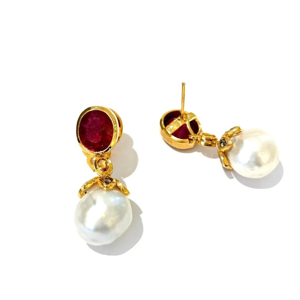 Baroque Bochic “Orient” Ruby & South Sea Pearl Earrings Set In 18K Gold & Silver  For Sale