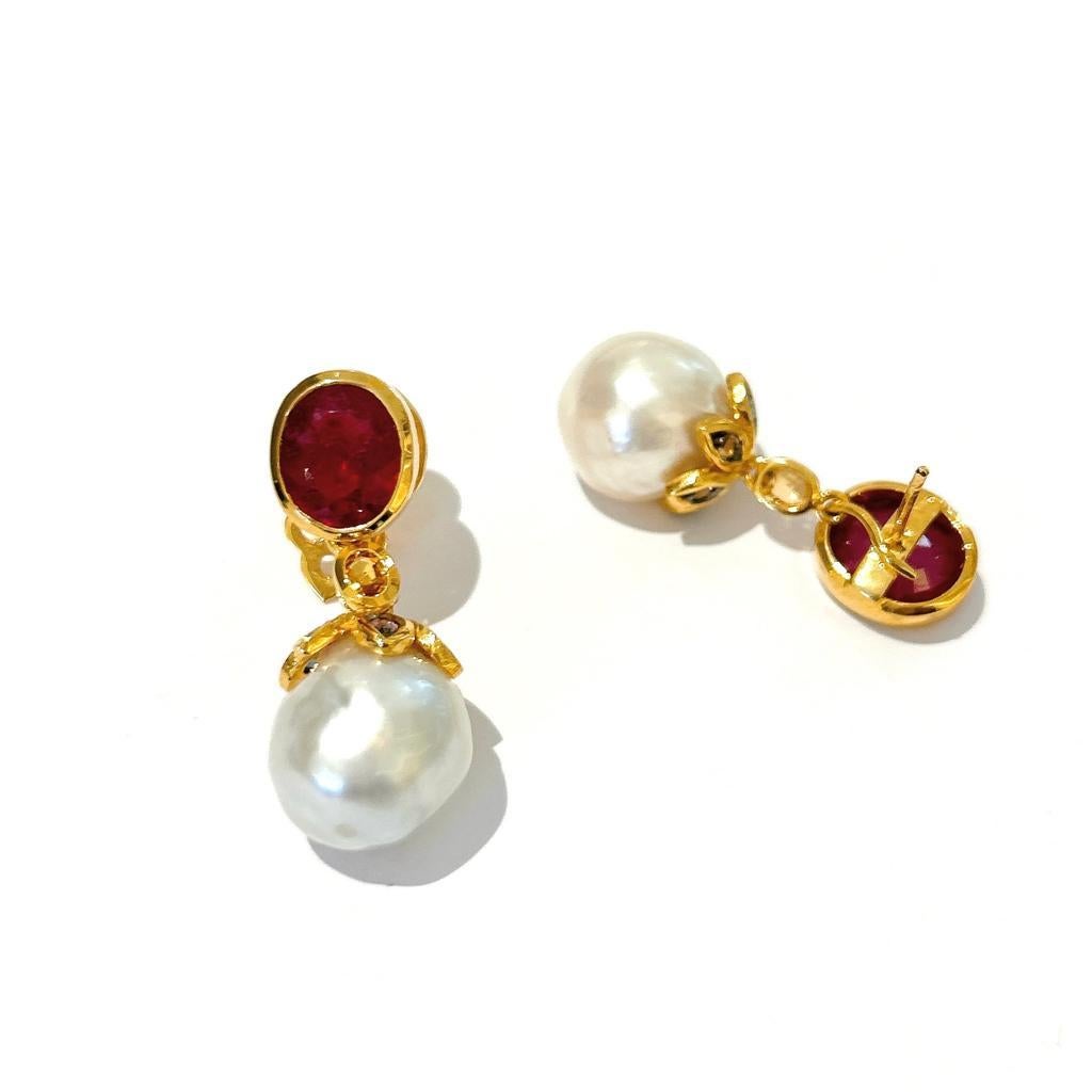 Oval Cut Bochic “Orient” Ruby & South Sea Pearl Earrings Set In 18K Gold & Silver  For Sale