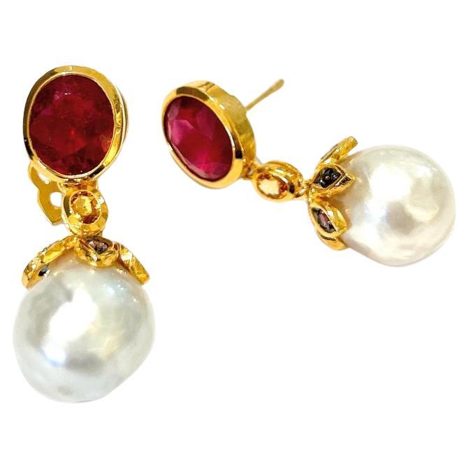 Bochic “Orient” Ruby & South Sea Pearl Earrings Set In 18K Gold & Silver  For Sale