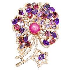 Bochic “Orient” Ruby, Topaz & Amethyst Brooch Set In 18K Gold & Silver