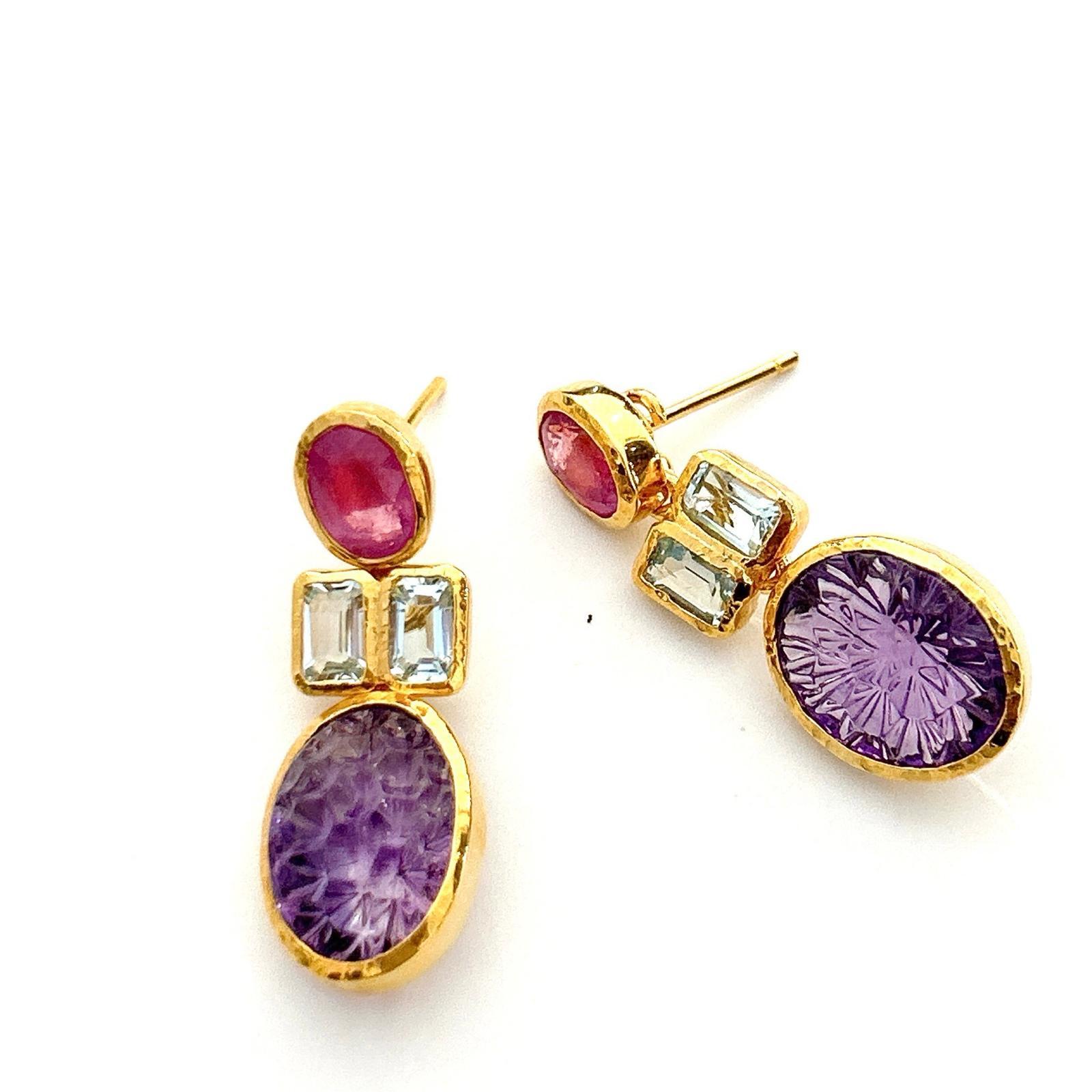 Oval Cut Bochic “Orient” Ruby & Topaz & Carved Amethyst Earrings Set In 18K & Silver  For Sale