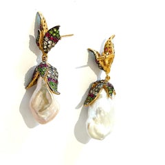 Bochic “Orient” Vintage Ruby, Sapphire & Multi Gem Earrings - 18K Gold & Silver