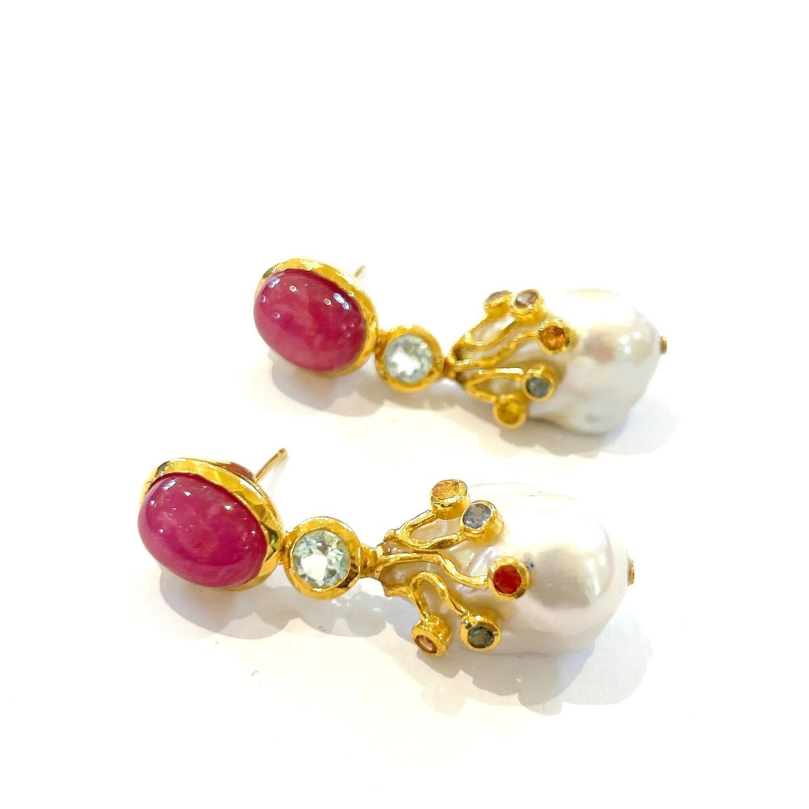 Bochic Orient Rubin, Topas & Multi Fancy Saphir Ohrringe 18K Gold & Silber im Zustand „Neu“ im Angebot in New York, NY