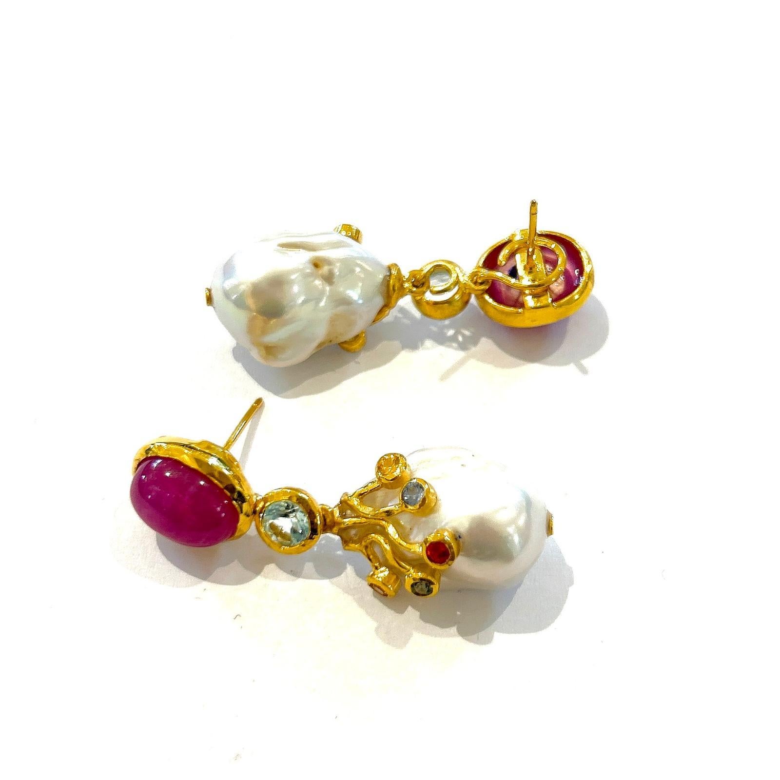 Bochic Orient Rubin, Topas & Multi Fancy Saphir Ohrringe 18K Gold & Silber im Angebot 1